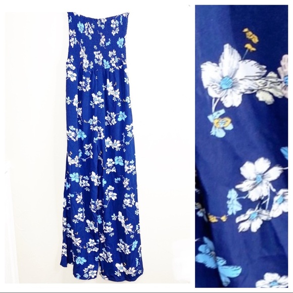 Needlework strapless floral smocked pant jumpsuit - Picture 1 of 6